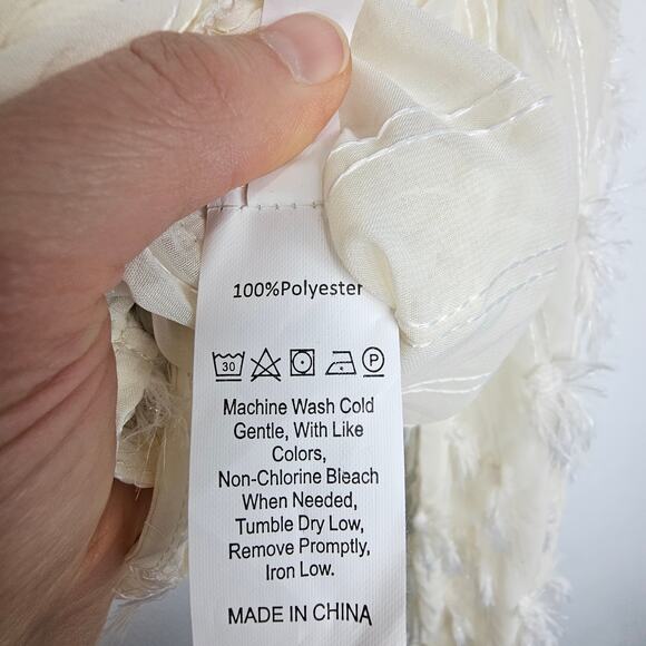 Boho Fringe Overlay Chiffon Crop Blouse Hippie Festival Sheer Button Sz M Cream - Picture 10 of 11